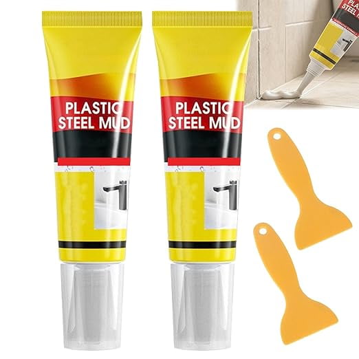 Plastic Steel Mud Waterproof Sealant, Multifunctional Waterproof White Caulk with Scraper, Quick-Drying, Anti-Crack, for Kitchen,Bathroom, Sink Window,Tile,Wall & Baseboard (2PC)