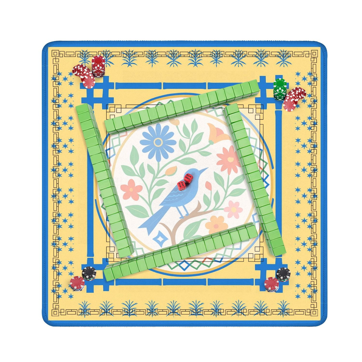 Mahjong Mat 31.5" x 31.5" Blue Bird Colorful Anti-Slip and Noise Reduction Symmetry Design Mahjong Tiles Table Cover for Dominoes Poker Card Board and Tile Games