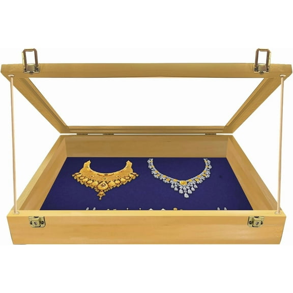 Trade Show Display Case - Small Tabletop Display , Baseball Card Display Case, Small Trading Card Collector Display Case , Acrylic Display Case w/Wooden Dowels | Golden Oak with Blue Felt