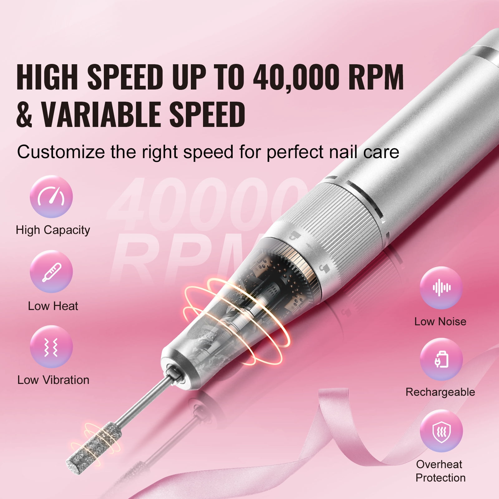 KFFKFF Cordless Nail Drill, 40,000RPM, Rechargeable Electric File with LCD, Acrylic & Gel Nail Grinder, Includes 6 Bits & 50 Sanding Bands for Nail Carving & Polishing