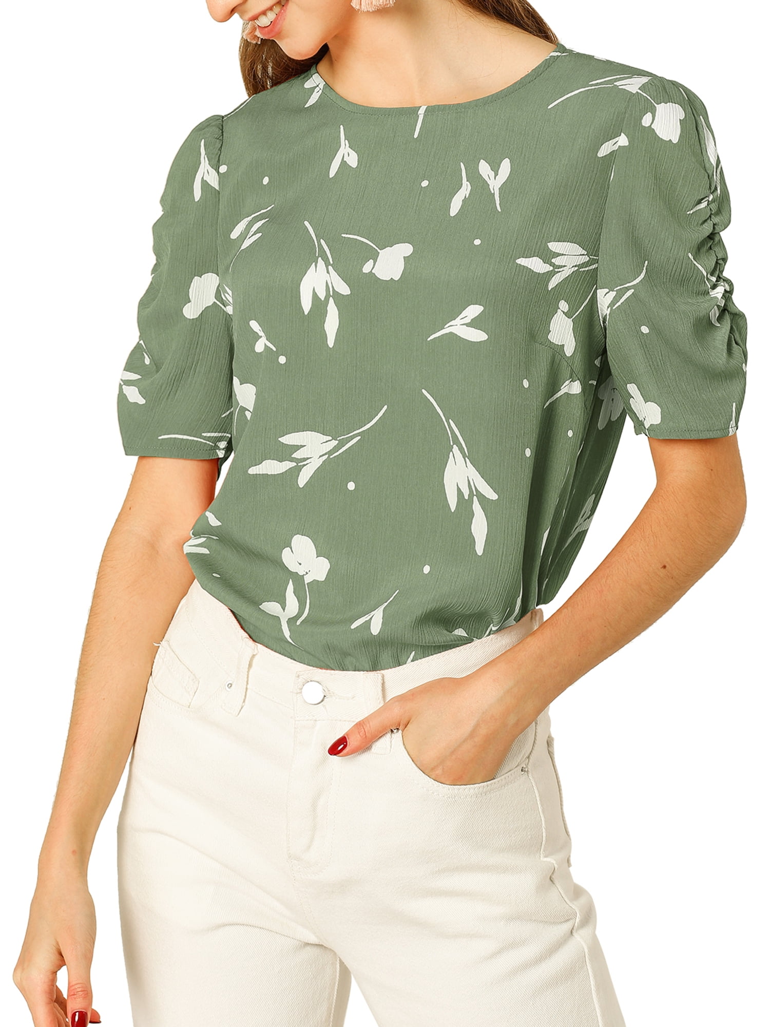 DARING DIVA Floral Crew Neck Shirred Short Sleeve Casual Top XS Green