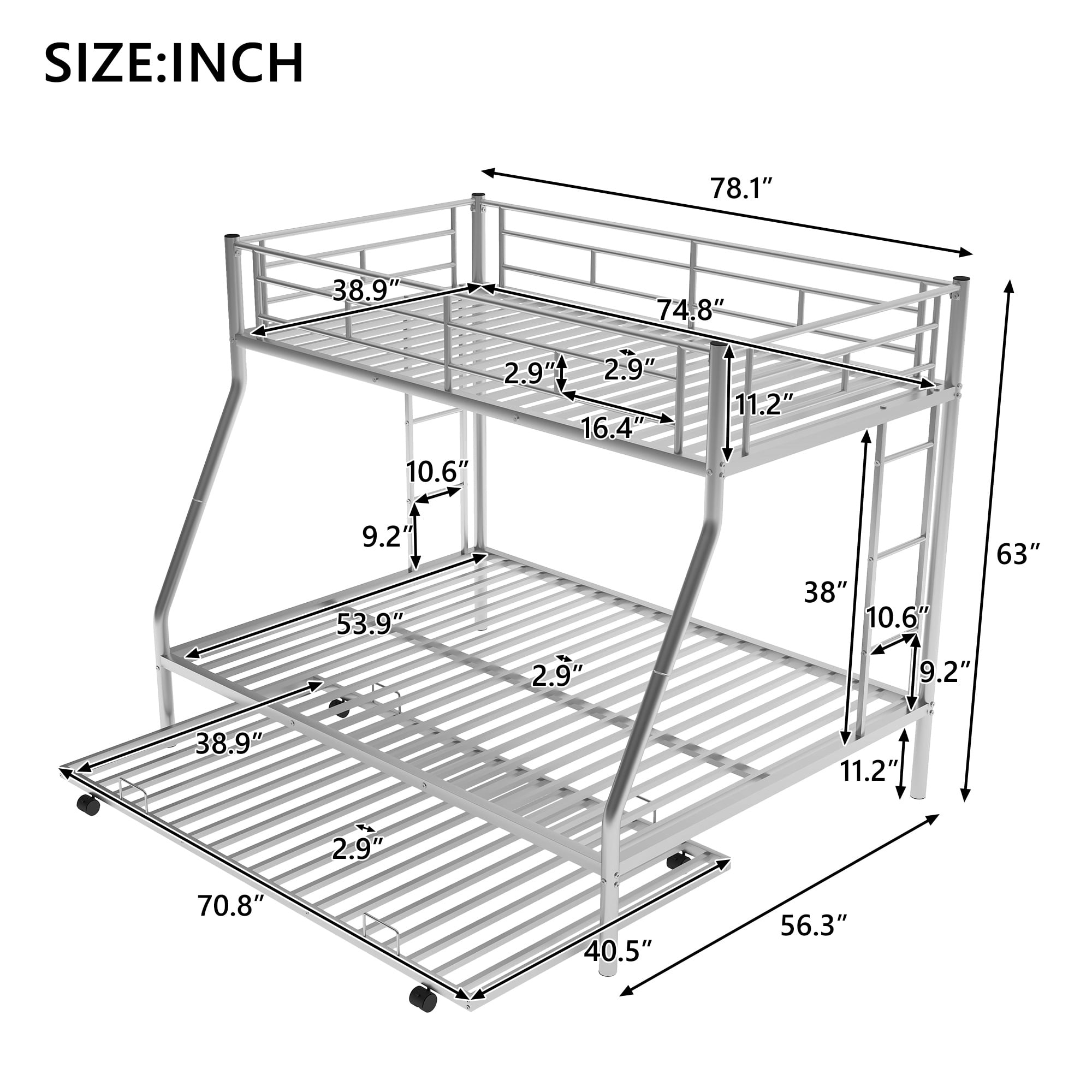 PORKISS Metal Twin Over Full Bunk Beds with Trundle Bed, Bunk Beds for Kids Teens Adults with Ladders, No Box Spring Needed, Silver