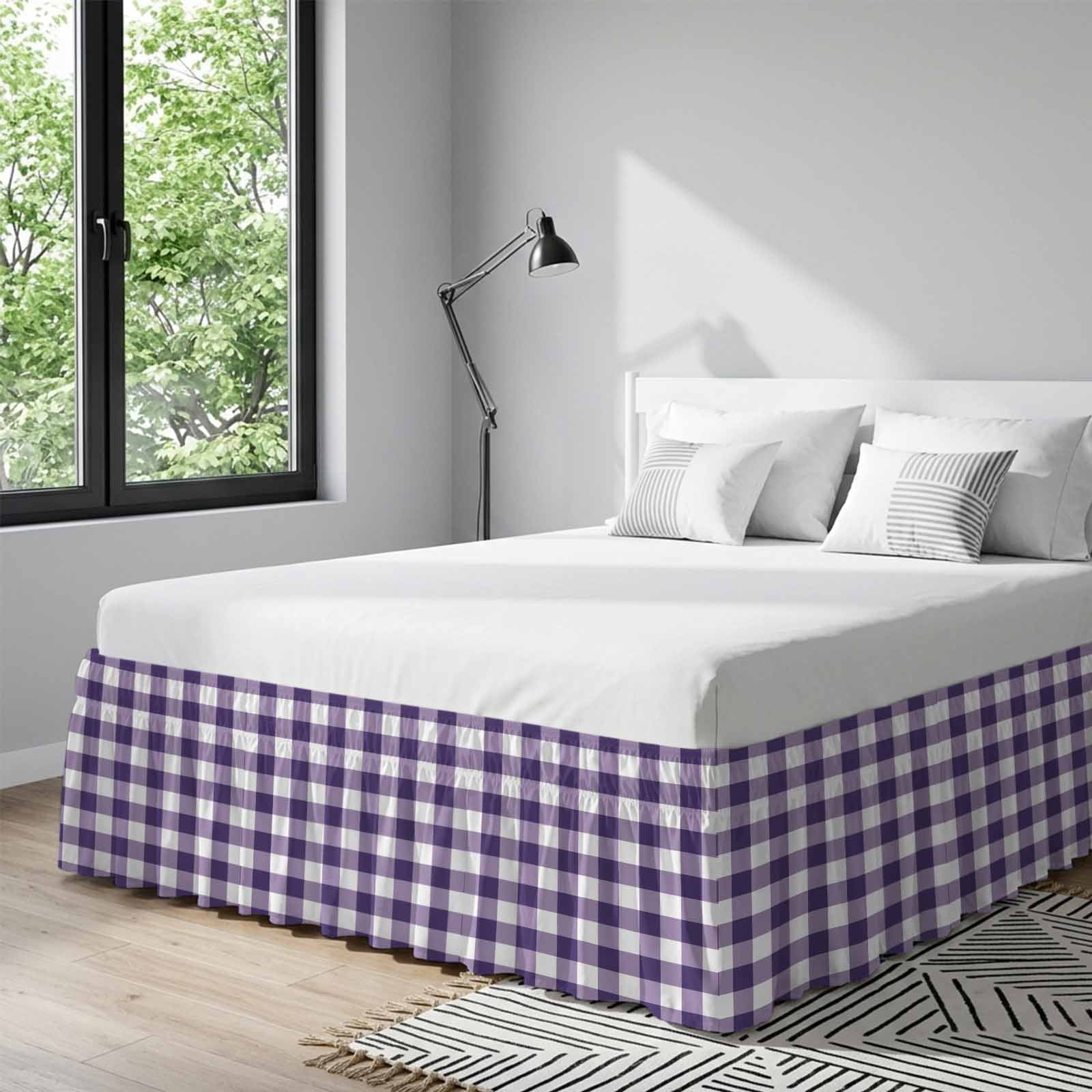 Purple Checkered Bed Skirt Queen Size, Farmhouse Buffalo Plaid Wrap Around Bed Skirting with Adjustable Elastic Strap, Dust Ruffle Pleated Bedskirts 18 Inch Drop for Bedroom Queen Beds
