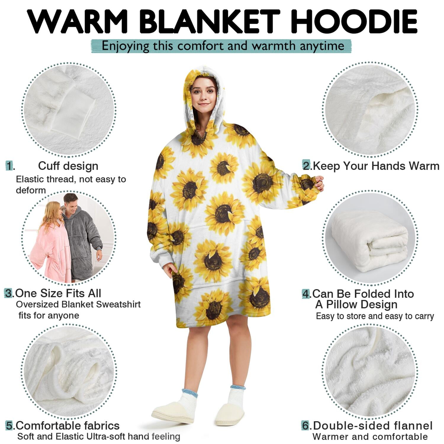 White Sunflower Pattern Wearable Oversized Blanket,Wearable Blanket Hoodie for Adults,Cozy Hooded Blankets with Super Pockets,Super Warm Fuzzy Pullover for Women & Men