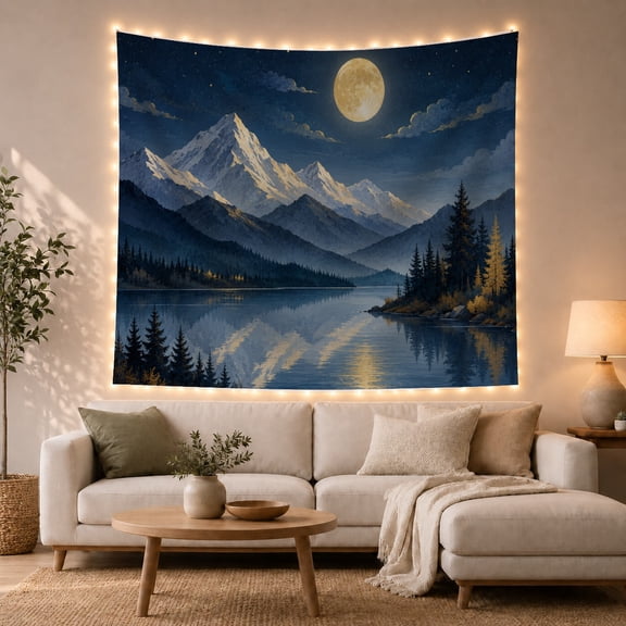 Moonlit Mountains Reflecting in a Calm Lake Serene Illustration for Nature Lovers, Celestial Home Art Decor Housewarming Gift Tapestry Wall Hanging for Bedroom and Living Room