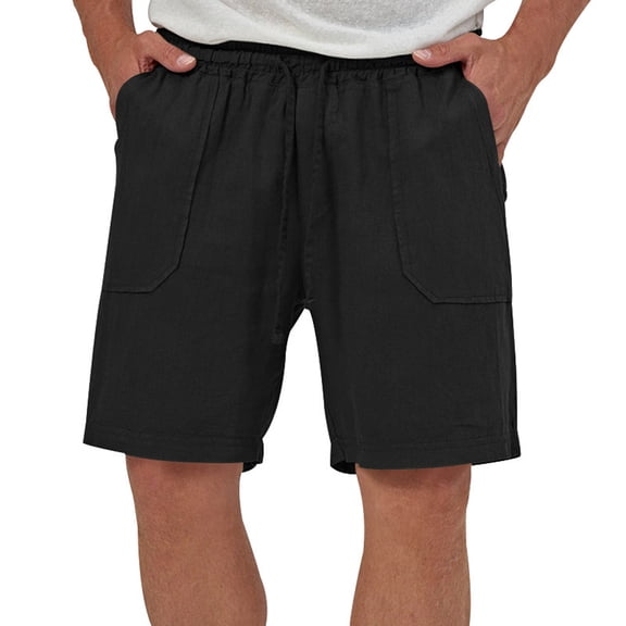 Domuza Linen Shorts for Men Casual Elastic Drawstring Beach Golf Shorts Lightweight Breathable Comfort Golf Pants with Pockets Black 3XL