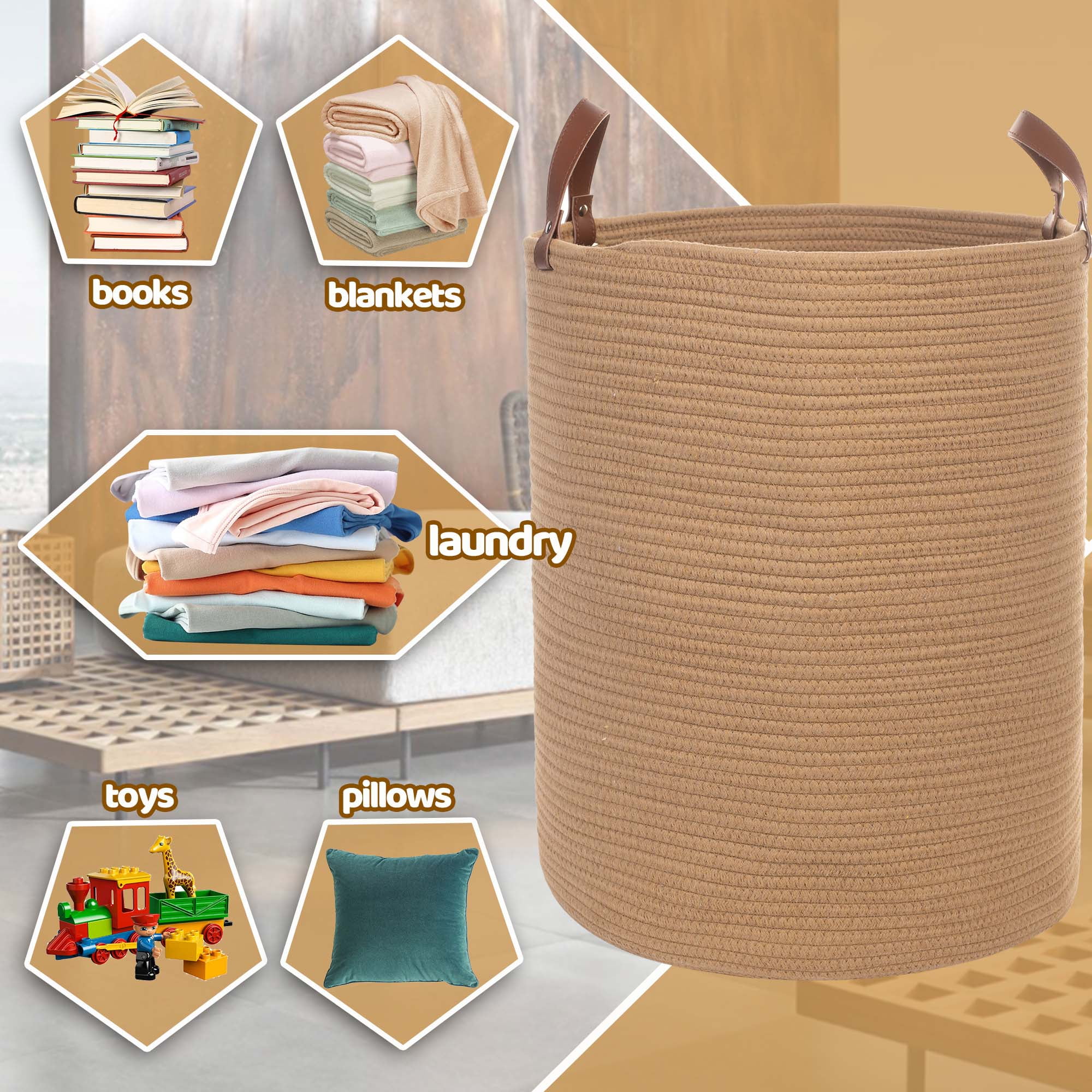 Caroeas XXXL Extra Large Rope Basket, 16''x20'' Woven Storage Basket with Leather Handles, Blanket Basket for Living Room, Tall Nursery Basket, Storage Organizer, Brown