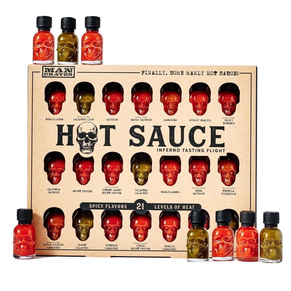 Man Crates Hot Sauce Inferno Flight, Includes 21 Flavors in Skull-Shaped Mini Hot Sauce Bottles, Spicy Challenge with Habanero, Ghost Pepper for Father's Day Gifts