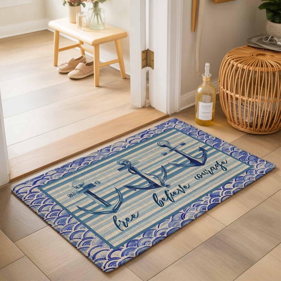 Entryway Rug 2'x3', Nautical Archor Kitchen Runner Rugs Non-Slip Carpet Mats, Vintage Country Ocean Archor Blue Stripes Bedside Rugs Runners Washable Floor Carpet for Bathroom Laundry Room