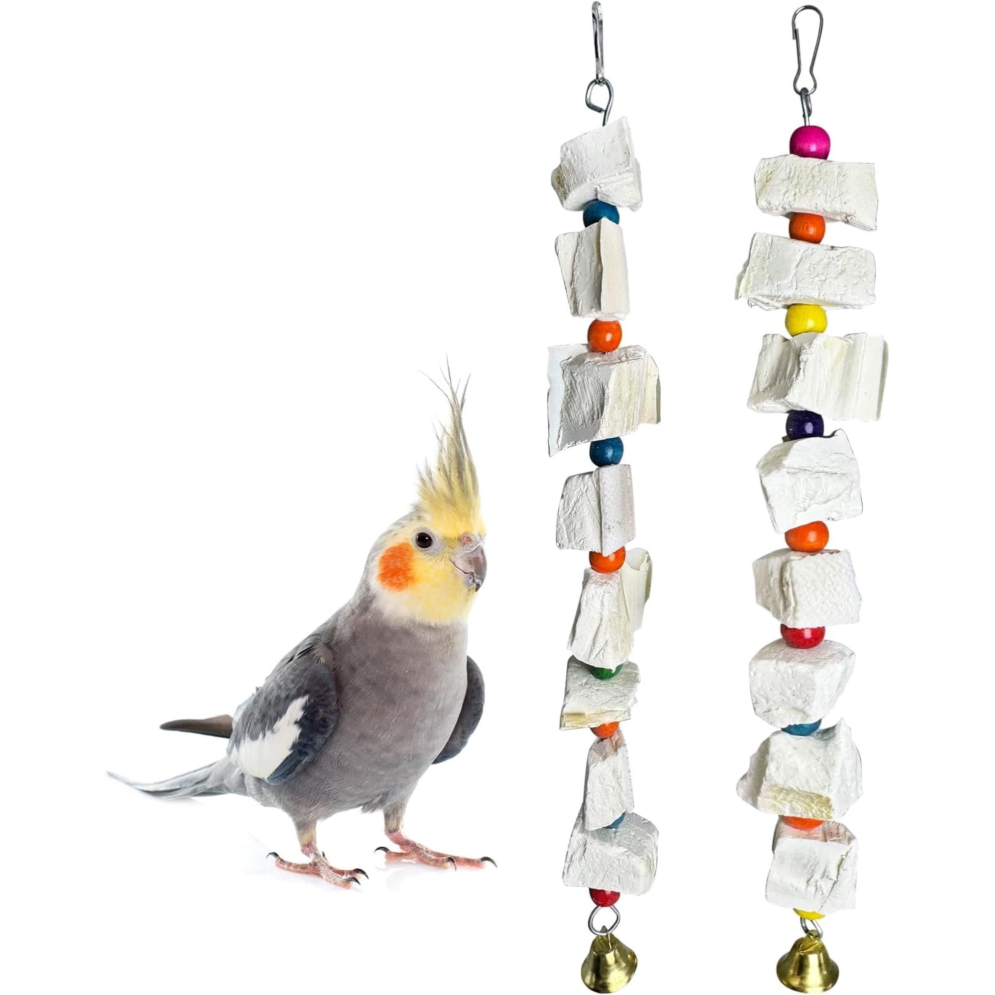 2 Pack Bird Toys with Eight Cuttlebone - Calcium for Beak Grinding, Wooden Cage Accessories for Parakeets, Budgies, Cockatiels, Lovebirds(Style B)