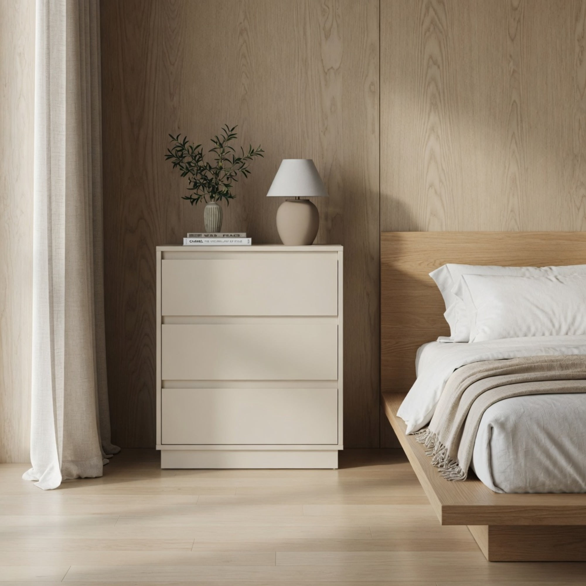 3-Drawer Nightstand, Handle-Free Modern Bedside Table with Soft Close Drawers, Water Resistant P2 MDF Storage Side Cabinet for Bedroom Small Apartment