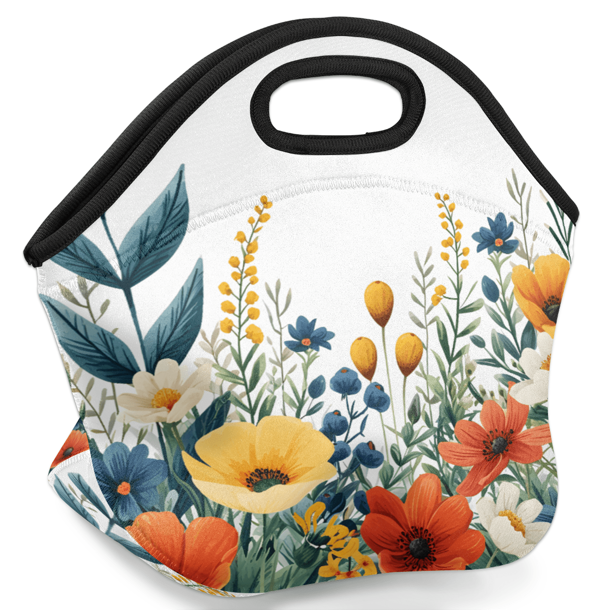 Herdesigns Watercolor Floral Neoprene Lunch Bag, Colorful Flower Insulated Lunch Box for Women Men Washable Lunch Tote Soft Lunch Container With Zipper for Work Picnic Travel
