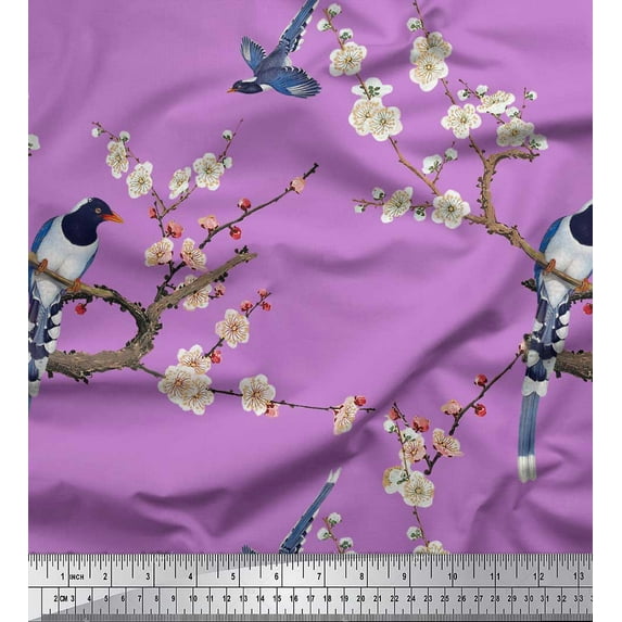 Soimoi Purple Heavy Satin Fabric Floral & Pin Tailed Whydah Bird Print Fabric by The Yard 56 Inch Wide