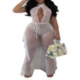 thumbnail image 1 of Women See Through Sheer Mesh Bikini Bandage Cover Up Hoodie Crop Tops and Ruffle Legging Pants, 1 of 2