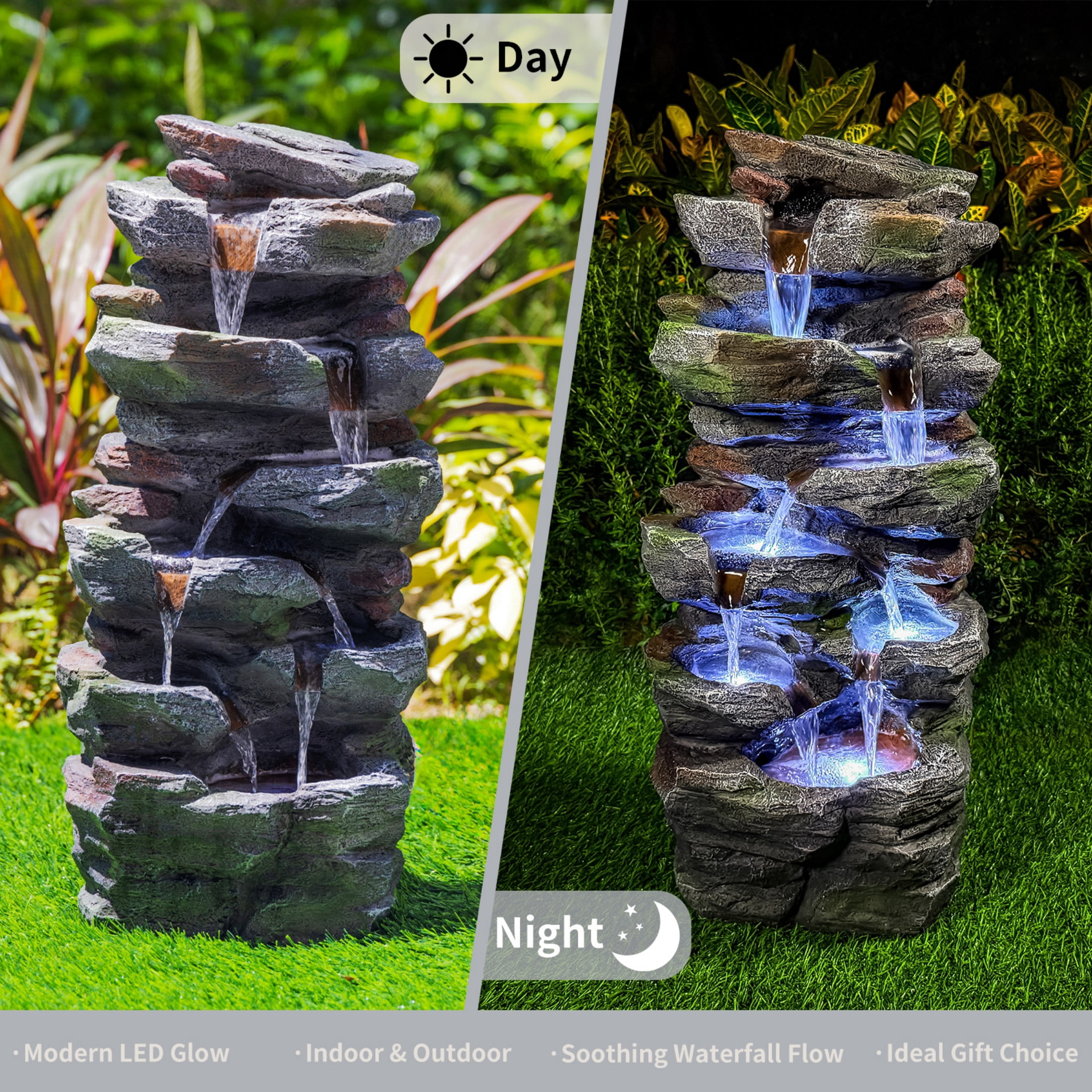 Nyddle Waterfall Fountain for Outdoor Gardens and Patio Backyards Includes Energy-Efficient LED Lights and Easy Setup for Instant Relaxation,Grey