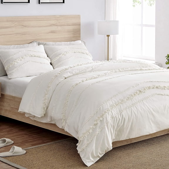 Sweet Jojo Designs Boho Fringe Tufted Ivory Queen Duvet Cover Bedding Set 3 Piece Set