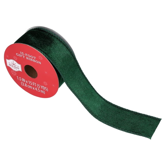 Green Velvet Wired Edge Christmas Ribbon, 1.5" x 15', by Holiday Time