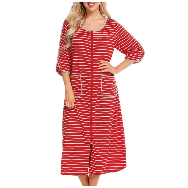 Peignoirs à Fermeture Éclair pour Femmes, Manches 3/4, Imprimés, Doux, Robe de Chambre Décontractée Ample, Robe de Nuit avec Poches