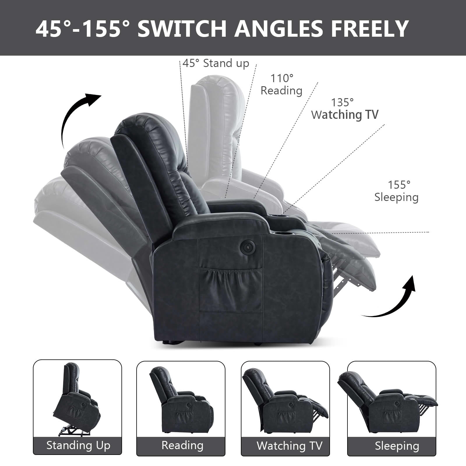 MAYEERTY Gray 350 lbs PU Power Lift Recliner Chair, 8-Point Massage Heat USB Cup Holders for Elderly Living Room