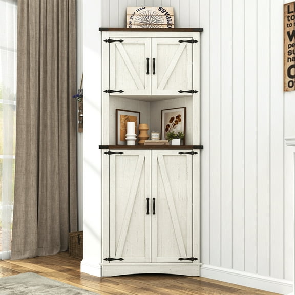 Blotout 68" Tall Farmhouse Corner Cabinet with 4 Doors, 28.3" W Barn Door Storage Cabinet with Adjustable Shelves, 5 Tier Corner Storage Cabinet for Bathroom,Living Room,Kitchen