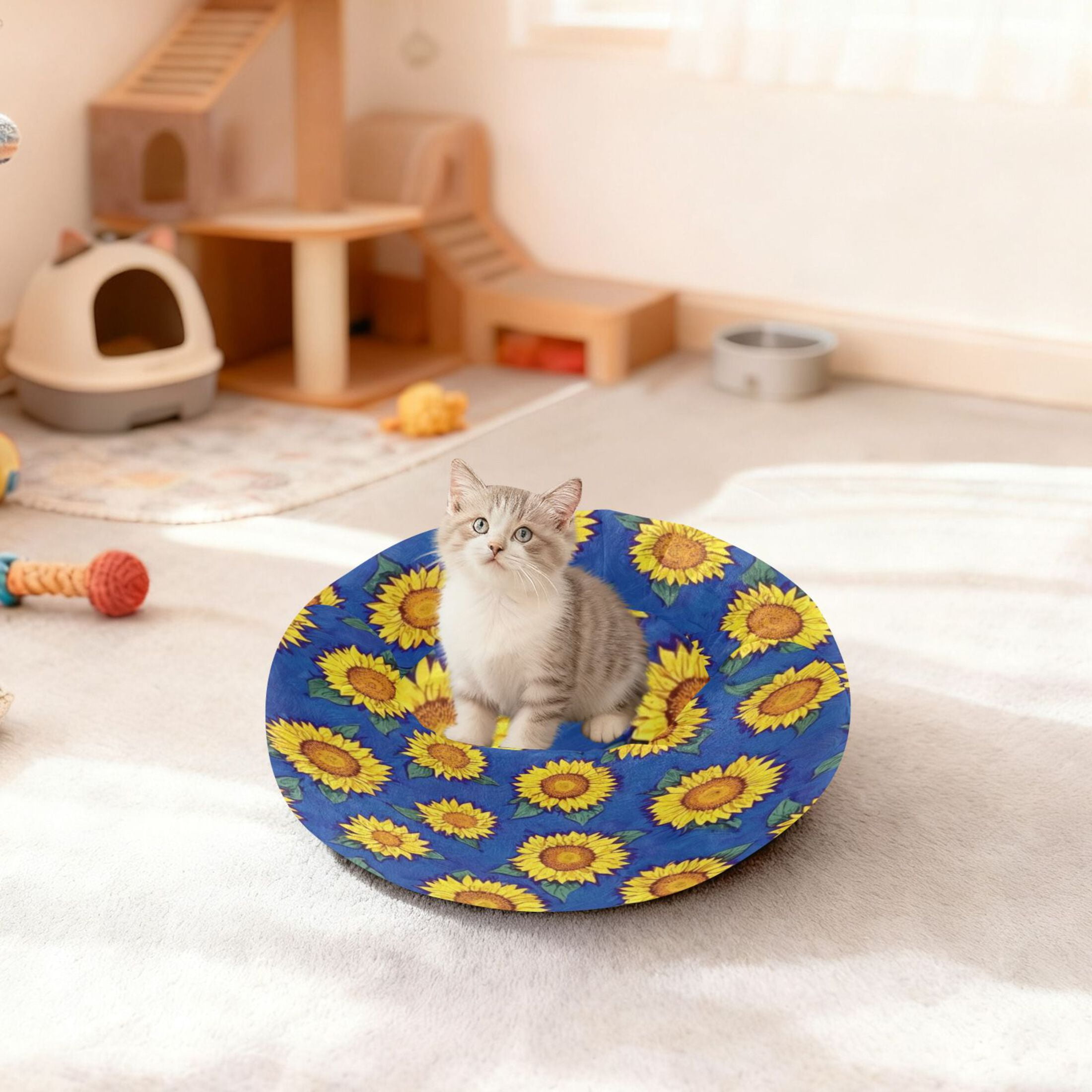 Iauyy Pet Couch Donut Cat Bed for Indoor Cats/Small Dogs Washable & Machine with Non-slip Bottom Calming Cat Furniture, Covered with Sunflowers (M)