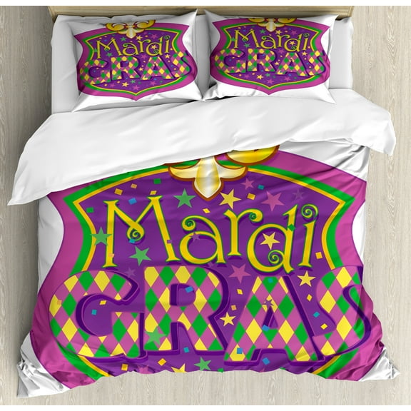 Mardi Gras Duvet Cover Set, Blazon Design Mardi Gras Inscription and Fleur de Lis, Decorative 3 Piece Bedding Set with 2 Pillow Shams, Calking Size, Purple Yellow Green, by Ambesonne