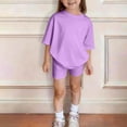 thumbnail image 6 of CPNG Girls Two Piece Sets Kids Solid Color Round-Necked Short Sleeve T-shirt and Elastic Waist Tight Shorts Summer Outfits(Light Violet,7-8 Years), 6 of 6