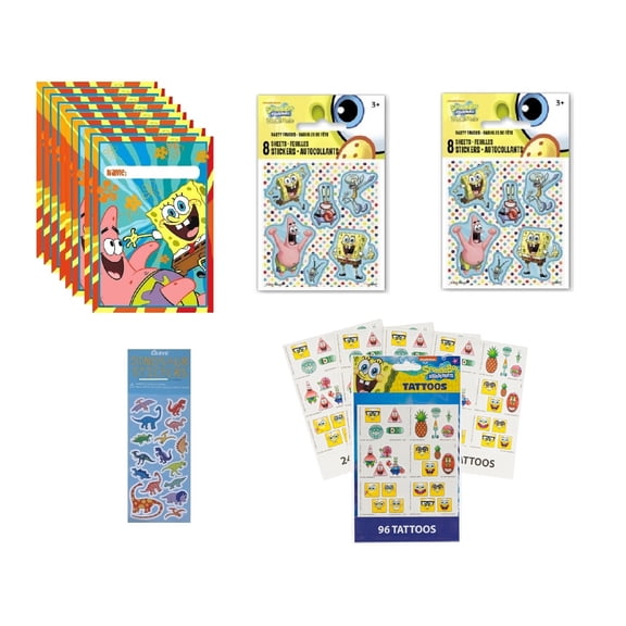 Spongebob Squarepants Birthday Party Favors Supplies Bundle Includes 8 Loot Bags, 16 Sticker Sheets, 4 Tattoo Sheets with 96 Tattoos, 1 Dinosaur Sticker Sheet