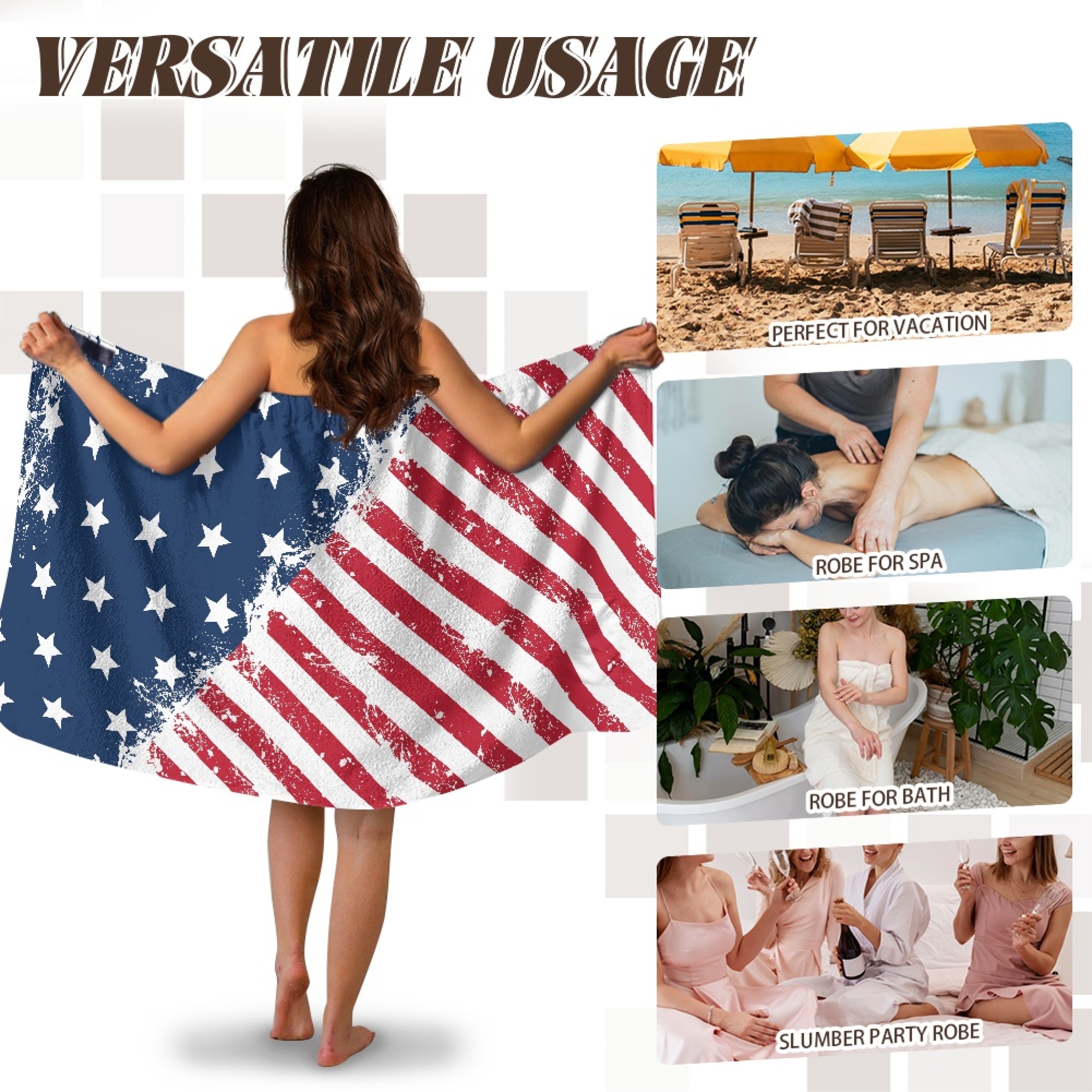 Yuyamidu American Flag Shower Towel Wrap for Women Soft Body Towel Wrap Size M Home Bath Spa Bath Towels for Bathroom Shower Wrap Robe with Adjustable Closure, 4th of July
