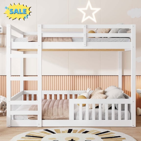Tcbosik Wood Bunk Bed Full Over Full Size, Bed Frame with Ladder and Guardrail for Small Space, Bedroom, No Box Spring Needed, White