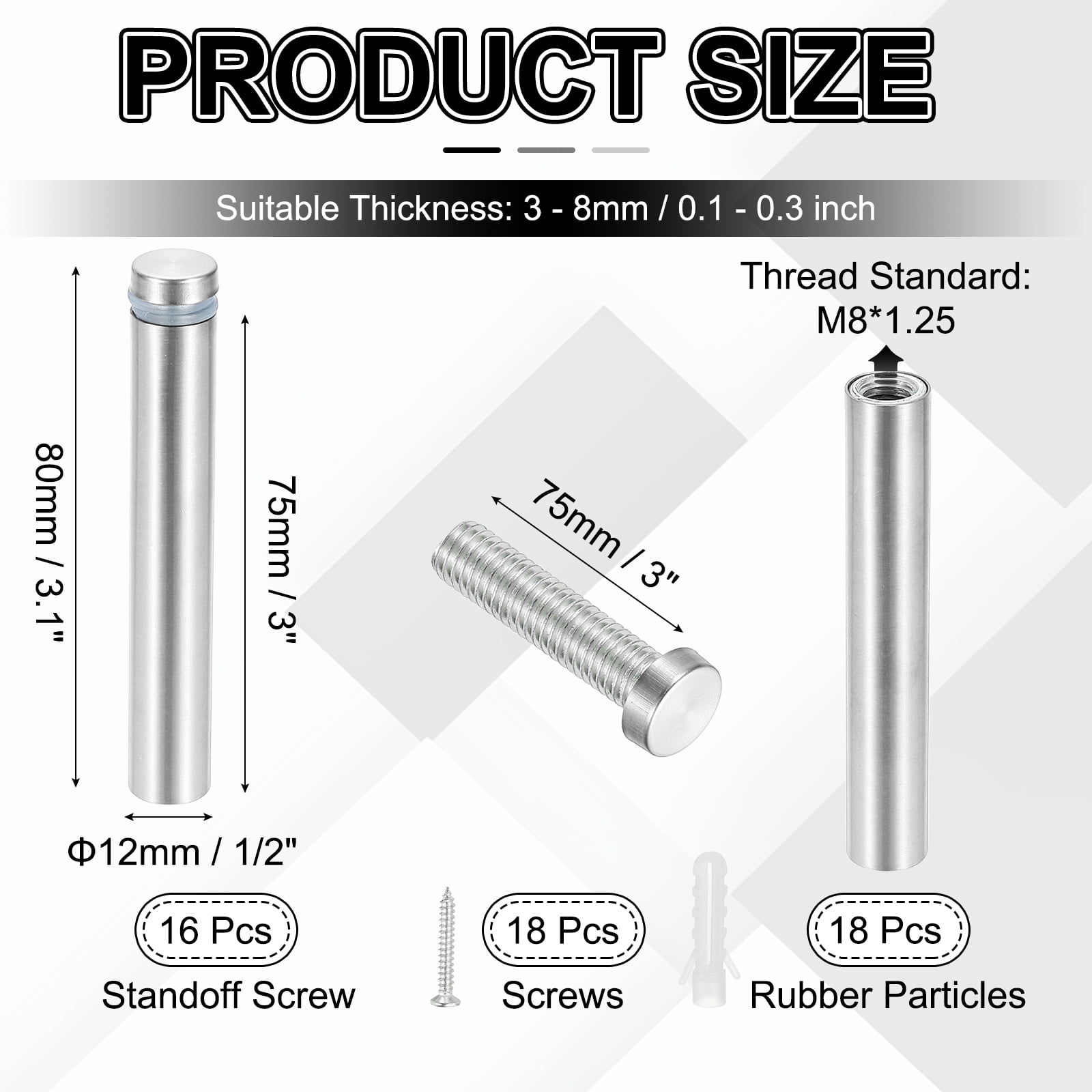 1/2x3.1" Standoff Screws, 16 Pack Stainless Steel Stand Off Wall Mounts Wall Sign Mounting Hardware Advertising Standoff Nail for Hanging Acrylic Signs Picture Frame, Silver