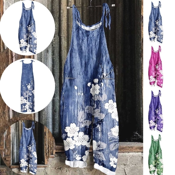 Gamivast Summer Linen Pants Women Plus Size Floral Boho Bib Cotton Linen Overalls Hippie Jumpsuits Print Spaghetti Strap Rompers Blue XXXXL Pantalones Capri Para Mujer
