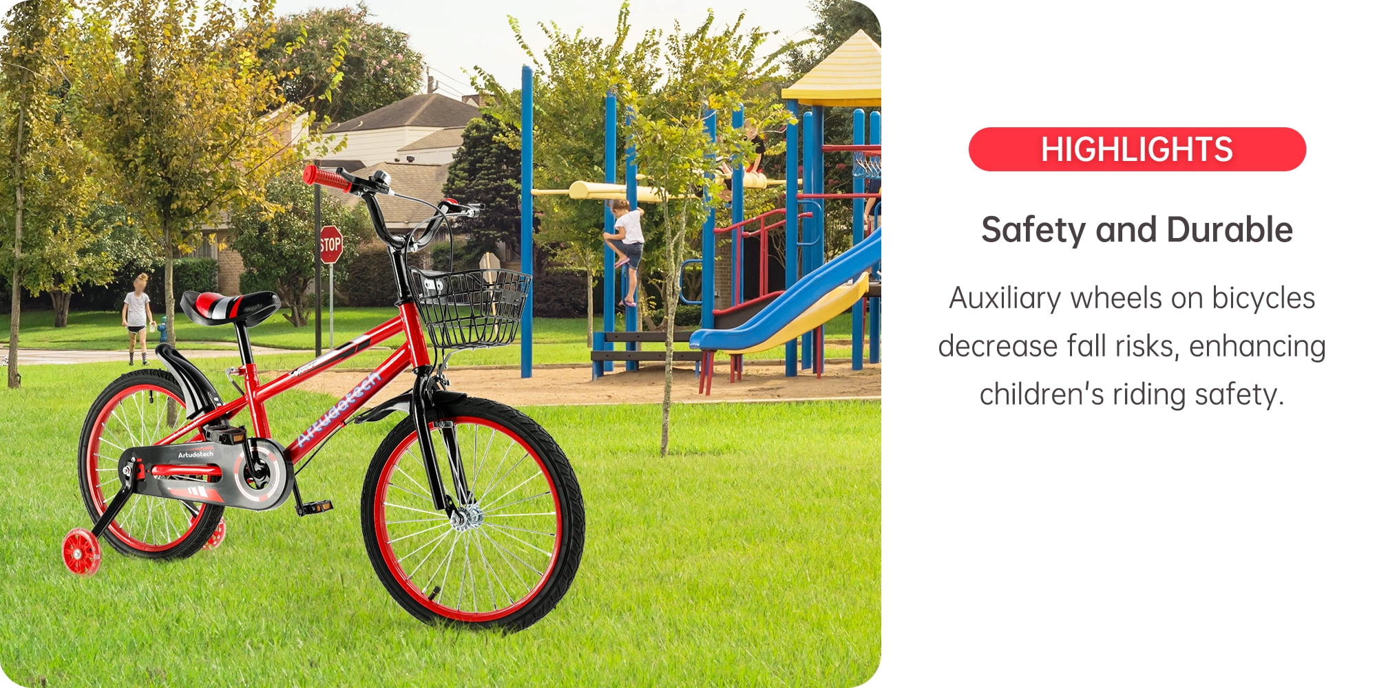 ARTUDATECH 14/16/18 Inch Kids Bike for Ages 3-10 Years Old Boys Girls, Kid's Bikes with Training Wheels, Basket, Dual Brake, Children Bicycle for Kids and Toddler Beginners, Pink/Red