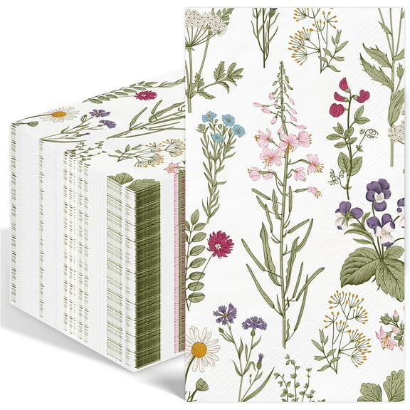 100PCS Floral Paper Napkins 3 Ply Disposable Hand Towels for Bathroom Vintage Wildflower Guest Napkins Green Wild Flower Dinner Napkins for Wedding Bridal Baby Shower Birthday Spring Summer Party