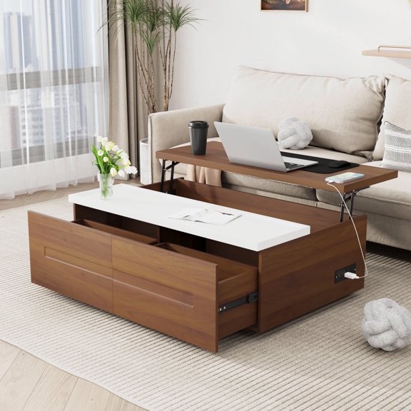 47" Large Lift Top Coffee Table with Power Outlets & 2 Storage Drawers, Morden Wooden Coffee Table w/Hidden Compartment Storage, Center Lift Coffee Table for Living Room,Walnut&White