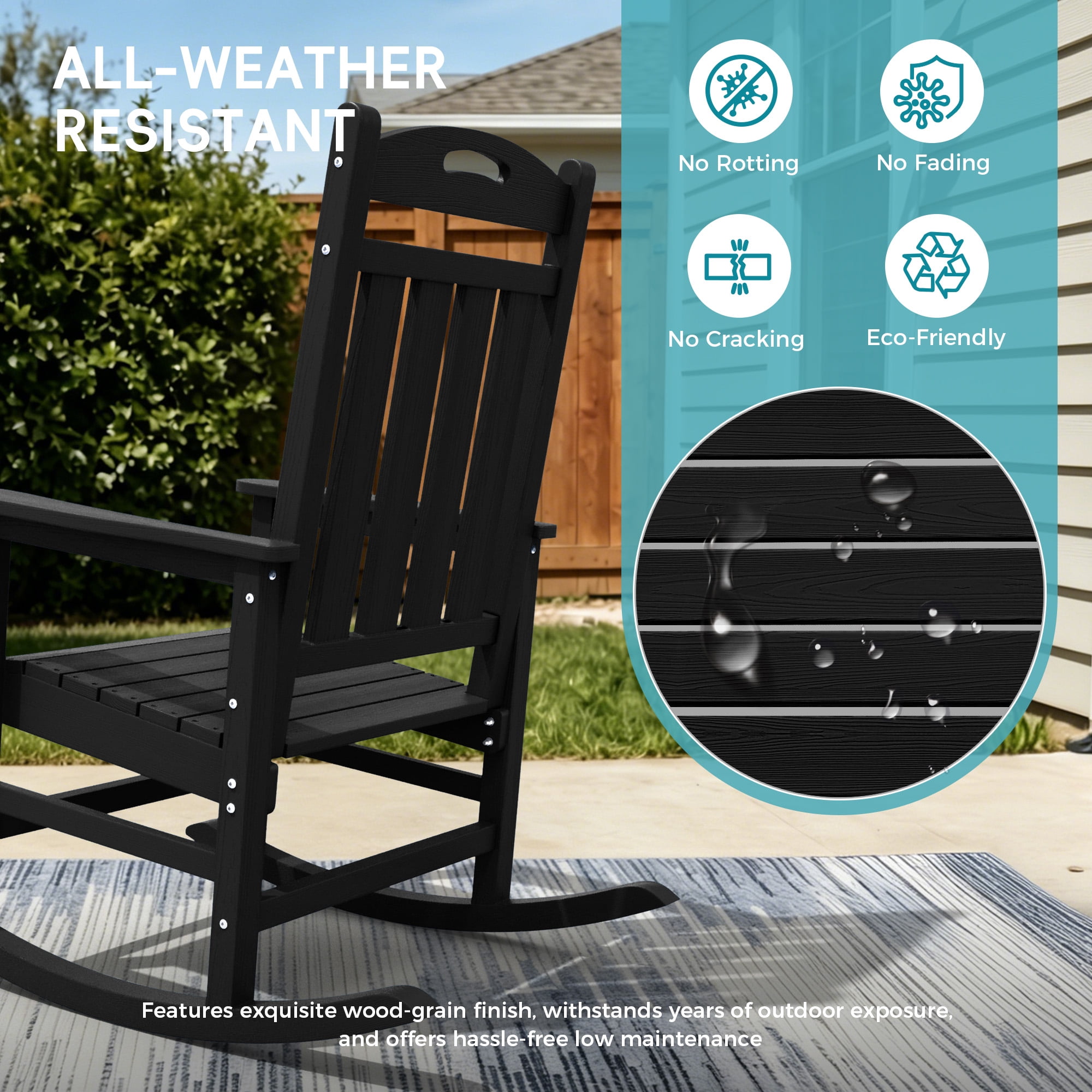 SUUNYN Set of 2 Outdoor Rocking Chairs, HDPE All-Weather Patio Rockers with High Back, 380lbs Heavy Duty, Black