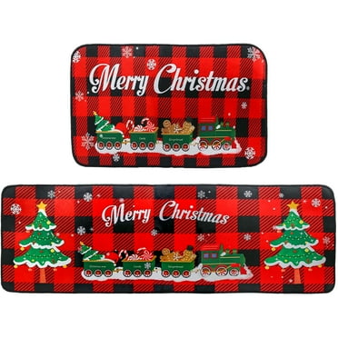 Christmas Kitchen Rugs and Mats Set (2 PCS), Merry Christmas Indoor Floor Mats Red Black Buffalo Check Plaid for Winter, Xmas Door Mat Runner Rug Mat for Kitchen Home Decor (17"x47" 17"x30")