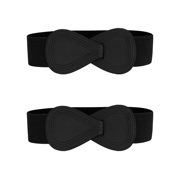 Cinturón elástico de cuero sintético con hebilla en forma de 8 Inspire Chic de 2 piezas para dama 39.4x2.36" (LxW) Negro