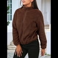 thumbnail image 4 of Cárdigan Holgado y Cálido de Larga para Mujer, con Cuello Alto de Felpa, Cremallera y Bolsillos. Marrón Oscuro M, 4 of 7
