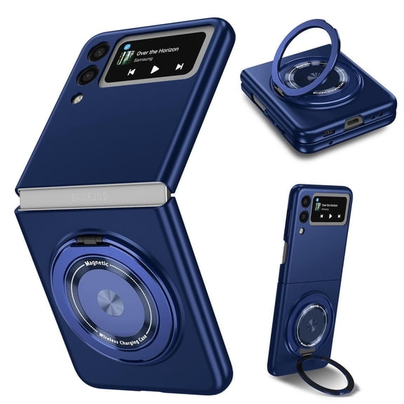 LHNUNP Magnetic for Samsung Galaxy Z Flip 4 Case with Ring Stand, Compatible with MagSafe Slim Back Built in Kickstand Soft Edge Shockproof Case, Blue