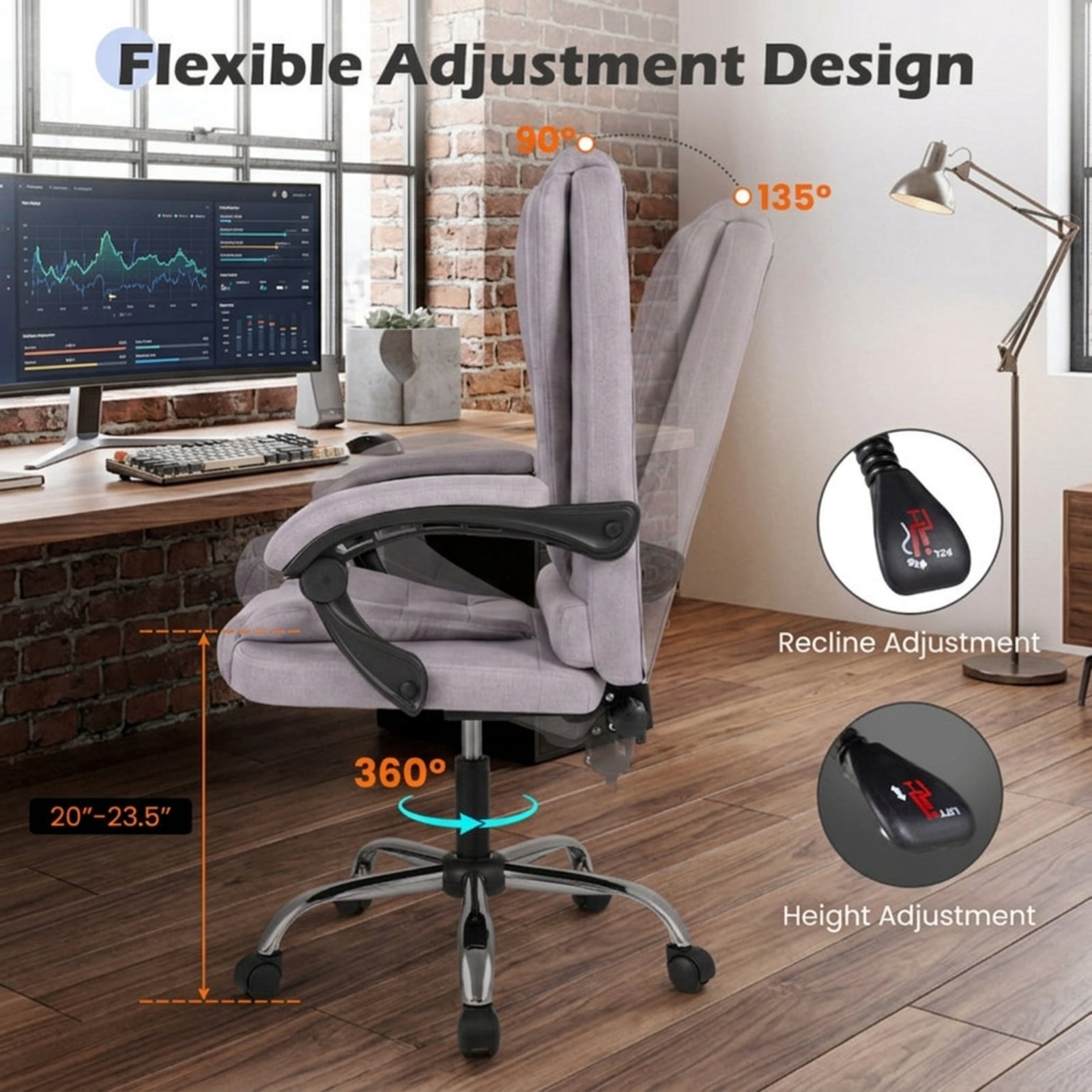 Furnibear High Back Executive Office Chair with Linkage Armrests Adjustable Recline Linen Fabric Seat and Swivel Five Point Base for Home Office, Gray