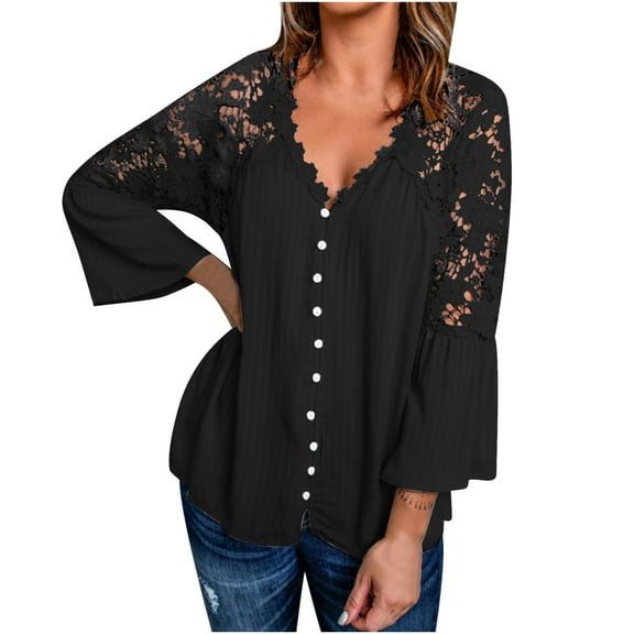 Fair Price Clothing MIUOWANP Women Casual Elegant Loose Large Size Lace Solid Color Round Neck Pullover Chiffon Shirt Long Sleeve Round Neck Top Shirt XXL Black