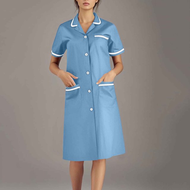 Tidyack,Save Now,Nurse Lapel Dress, Solid Color Work Dress, Pockets + Button Splicing, Midi Length, For Healthcare Staff, Professional Work Attire, Cotton Blend, Clean Cut, Daily Uniform