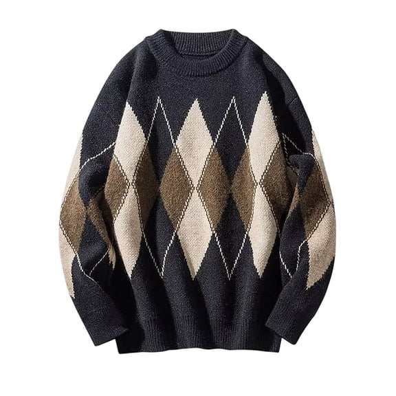 Yuanlong Mens Sweaters Oversized Long Sleeve Round Neck Diamond Textured Knitted Sweater Winter Wear Casual Pullover Top