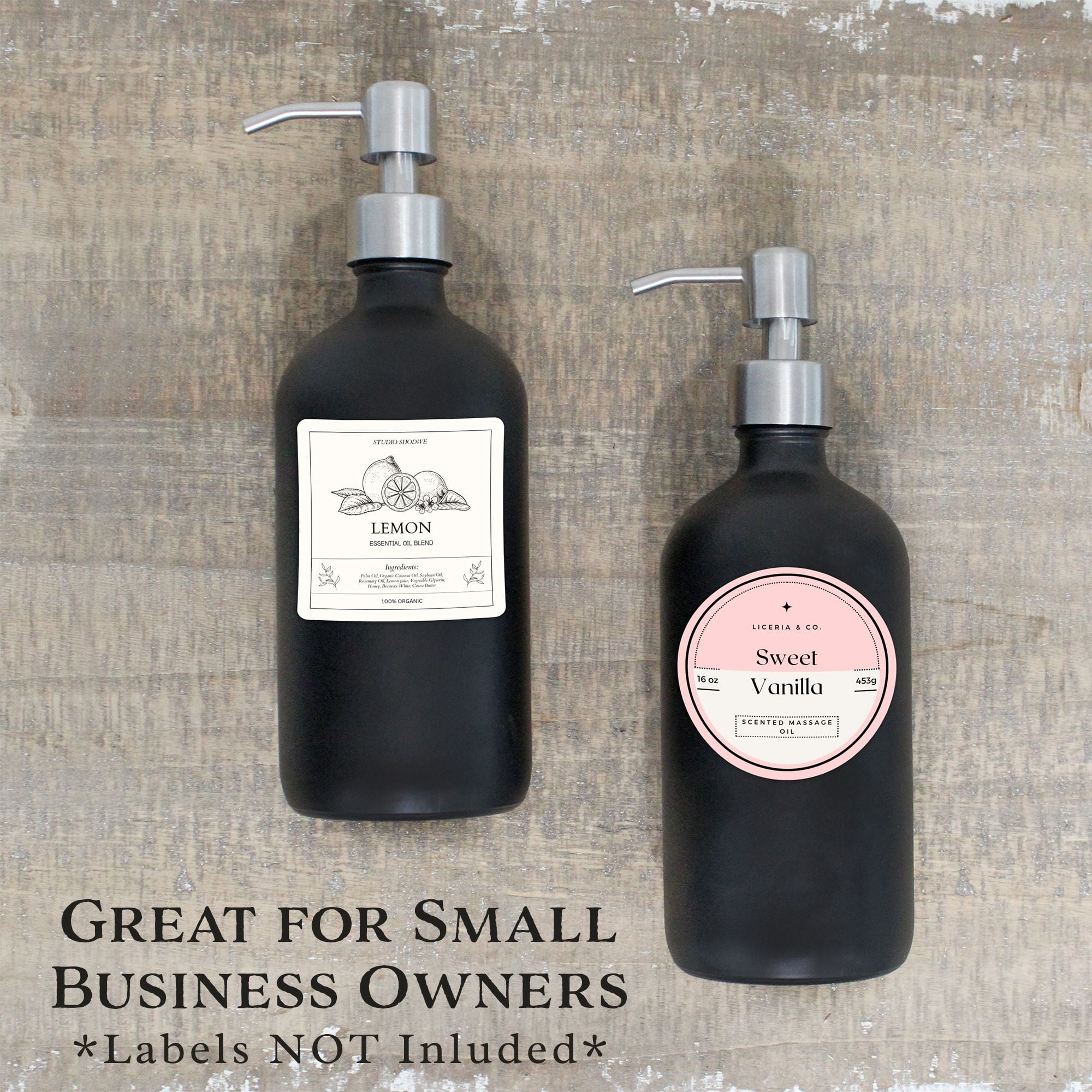 Cornucopia Brands 16oz Black Glass Bottles w/ Stainless Steel Pumps (2-Pack); Black Coated Boston Round; Lotion, Hand Care & Soap Dispensers