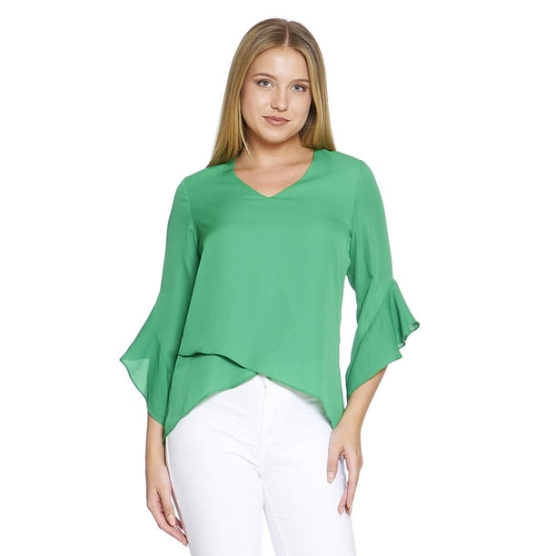 Blusa Para Mujer Corte Asimetrico Manga 3/4 Con Olanes Cuello V Color Verde 550410 verde EG INCÃGNITA 550410