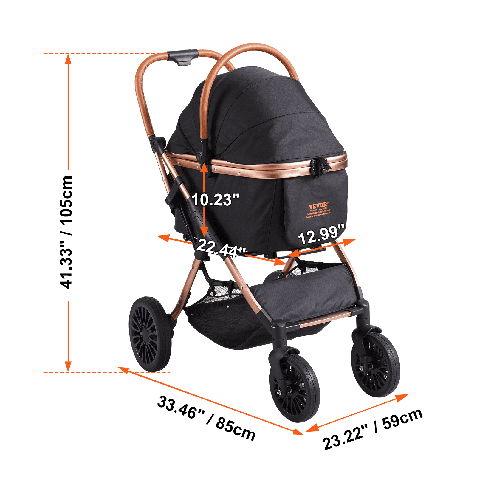 KFFKFF 3-in-1 Pet Stroller, 4 Wheels Foldable Premium Multifunction Dog Stroller with Storage Basket, 66 lbs Weight Capacity, Black