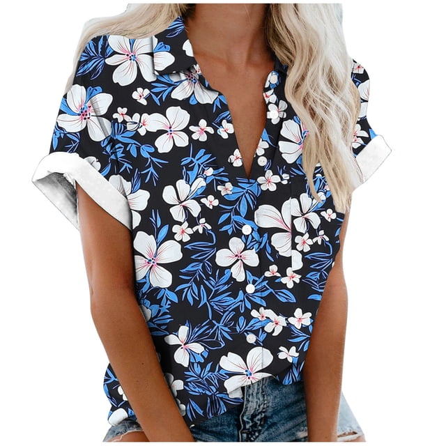 Pantalones Cortos para las Mujeres Impresión Sexy Cómodo Bolsillo de Manga Corta, Botón Top Blusa Camiseta