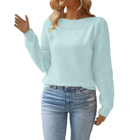 ManxiVoo Women's Fall Sweaters Long Sleeve Knit Pullover Cozy Puff Sleeve Casual Tops for Everyday Wear L Size Blue
