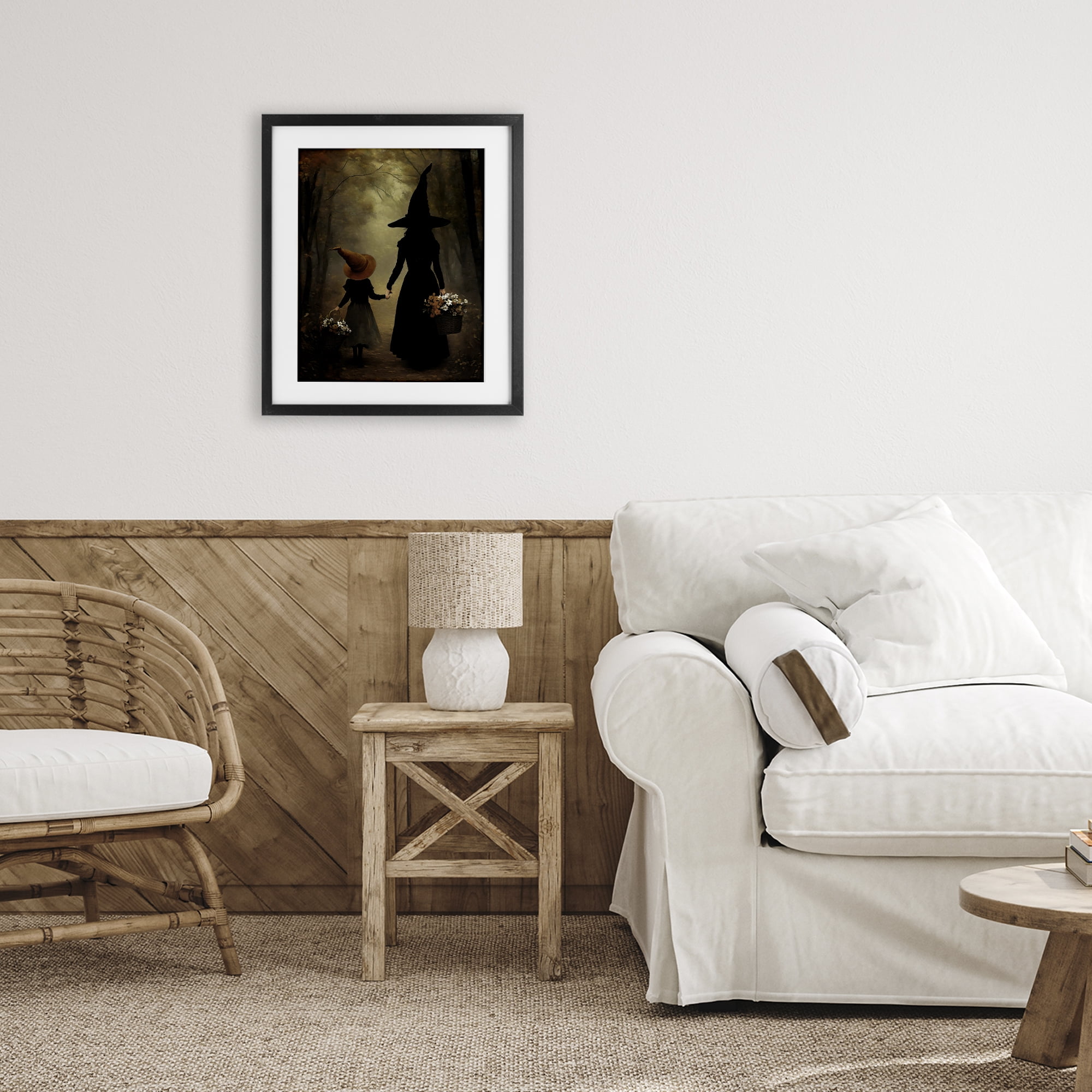 Witch & Daughter Mystical Forest Black Framed Print Under Glass, design by Arlington Prints